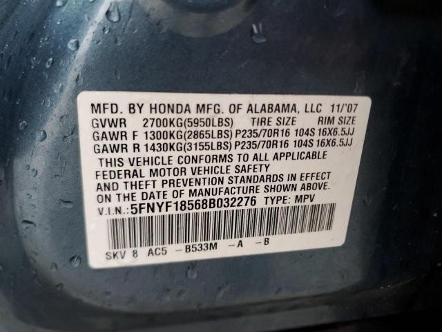 5FNYF18568B032276 - 2008 HONDA PILOT EXL BLUE photo 13