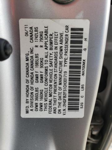 2HGFB2F51CH301719 - 2012 HONDA CIVIC LX SILVER photo 12