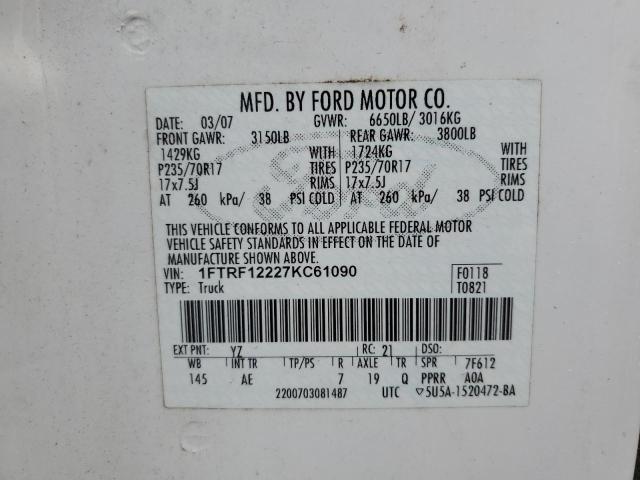 1FTRF12227KC61090 - 2007 FORD F150 WHITE photo 12