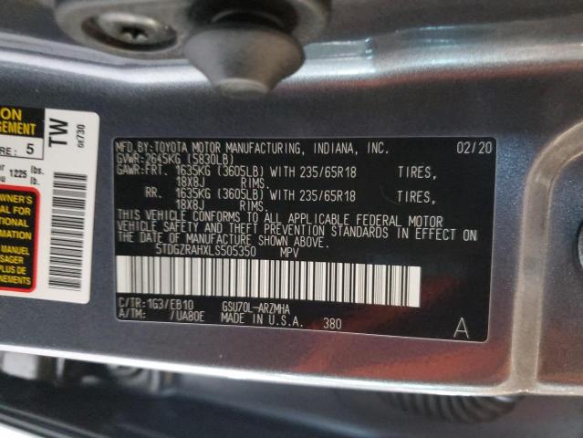 5TDGZRAHXLS505350 - 2020 TOYOTA HIGHLANDER XLE GRAY photo 13