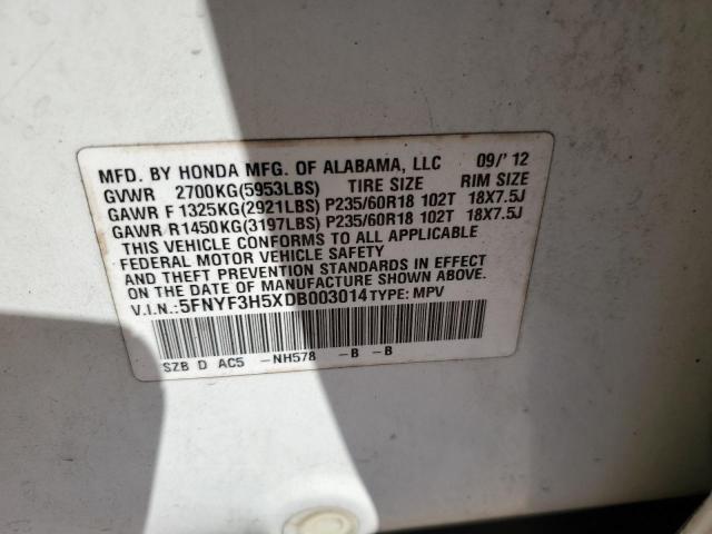 5FNYF3H5XDB003014 - 2013 HONDA PILOT EXL WHITE photo 13