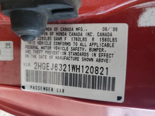 2HGEJ6321WH120821 - 1998 HONDA CIVIC CX RED photo 12