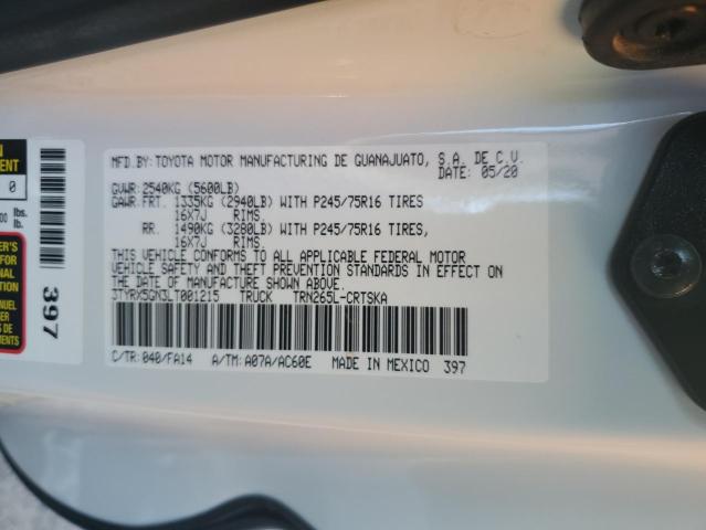 3TYRX5GN3LT001215 - 2020 TOYOTA TACOMA ACCESS CAB თეთრი ფოტო 12