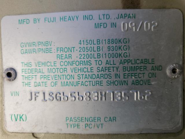 JF1SG65683H735762 - 2003 SUBARU FORESTER 2.5XS ბეჟი ფოტო 12