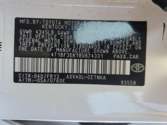 4T1BF3EK1BU674331 - 2011 TOYOTA CAMRY BASE WHITE photo 12