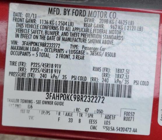 3FAHP0KC9BR232272 - 2011 FORD FUSION SPORT RED photo 12