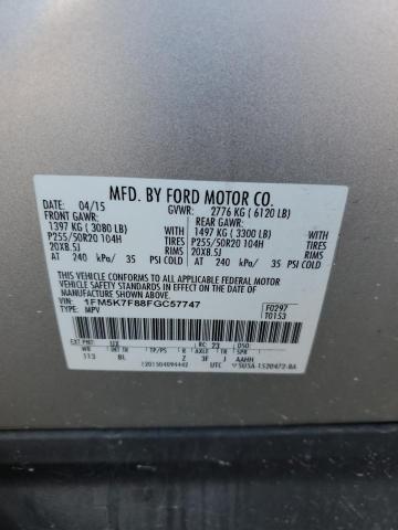 1FM5K7F88FGC57747 - 2015 FORD EXPLORER LIMITED SILVER photo 13