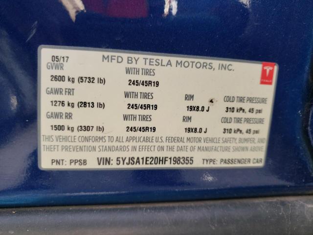 5YJSA1E20HF198355 - 2017 TESLA MODEL S Կապույտ լուսանկար 12
