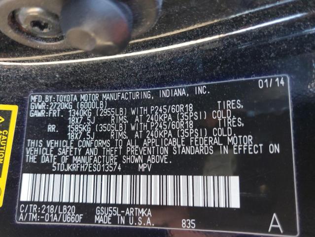 5TDJKRFH7ES013574 - 2014 TOYOTA HIGHLANDER XLE BLACK photo 13