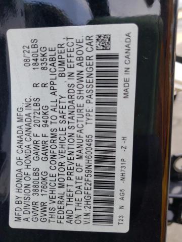 2HGFE2F59NH600465 - 2022 HONDA CIVIC SPORT 黑色 照片 12