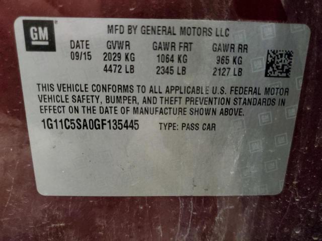 1G11C5SA0GF135445 - 2016 CHEVROLET MALIBU LIM LT 红色 照片 12