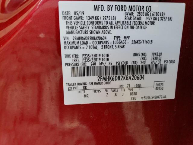 2FMHK6D82KBA20604 - 2019 FORD FLEX LIMITED RED photo 12