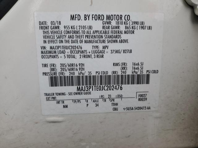 MAJ3P1TE0JC202476 - 2018 FORD ECOSPORT SE WHITE photo 13