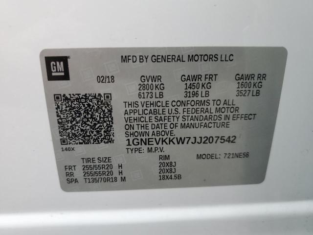 1GNEVKKW7JJ207542 - 2018 CHEVROLET TRAVERSE HIGH COUNTRY WHITE photo 13