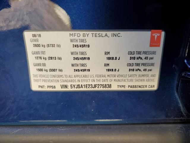 5YJSA1E23JF275838 - 2018 TESLA MODEL S BLUE photo 12