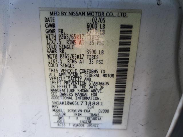 5N1AR18W65C738881 - 2005 NISSAN PATHFINDER LE WHITE photo 13
