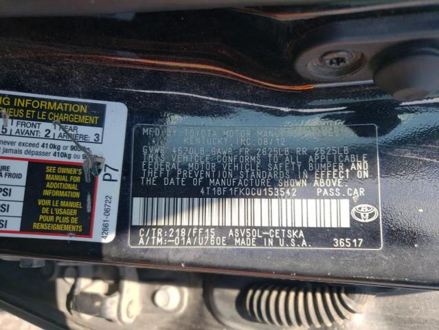 4T1BF1FK0CU153542 - 2012 TOYOTA CAMRY BASE CHARCOAL photo 12