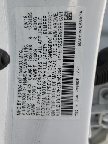 2HGFC2F87KH600640 - 2019 HONDA CIVIC SPORT 白色 照片 12