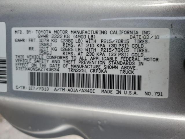 5TETX4CN5AZ743634 - 2010 TOYOTA TACOMA ACCESS CAB ვერცხლისფერი ფოტო 12