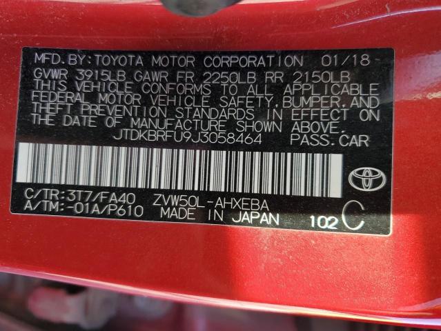 JTDKBRFU9J3058464 - 2018 TOYOTA PRIUS RED photo 13