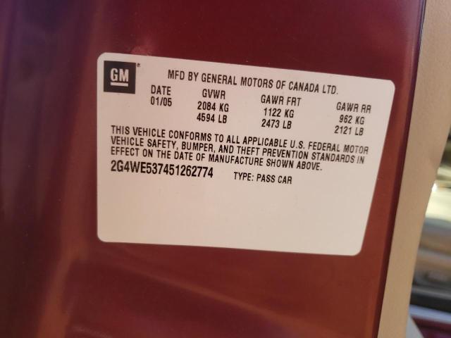 2G4WE537451262774 - 2005 BUICK LACROSSE CXS BURGUNDY photo 12