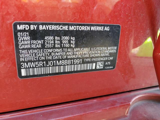 3MW5R1J01M8B81991 - 2021 BMW 330I RED photo 12