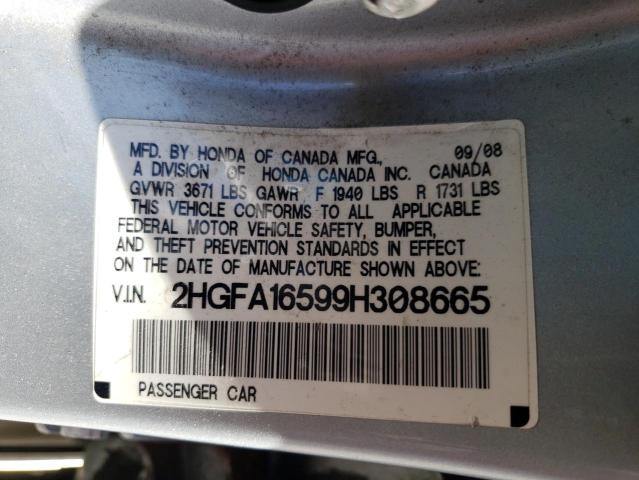 2HGFA16599H308665 - 2009 HONDA CIVIC LX SILVER photo 12