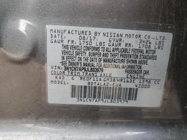 3N1CN7AP9JL803979 - 2018 NISSAN VERSA S CHARCOAL photo 12