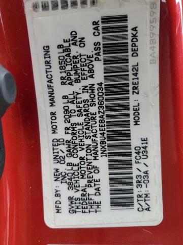 1NXBU4EE8AZ360034 - 2010 TOYOTA COROLLA BASE RED photo 12