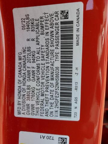 2HGFE2F52NH586036 - 2022 HONDA CIVIC SPORT 红色 照片 12