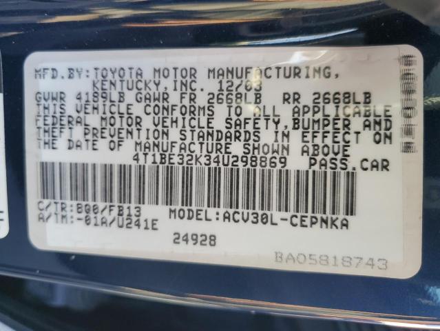 4T1BE32K34U298869 - 2004 TOYOTA CAMRY LE BLUE photo 12