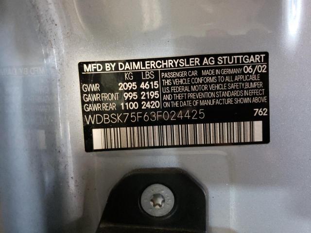 WDBSK75F63F024425 - 2003 MERCEDES-BENZ SL 500R SILVER photo 12