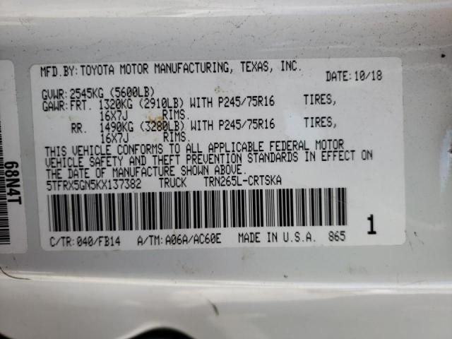 5TFRX5GN5KX137382 - 2019 TOYOTA TACOMA ACCESS CAB თეთრი ფოტო 12