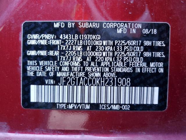 JF2GTACC0KH231908 - 2019 SUBARU CROSSTREK PREMIUM RED photo 13