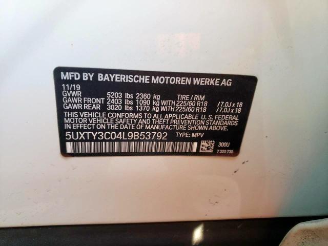 5UXTY3C04L9B53792 - 2020 BMW X3 SDRIVE30I WHITE photo 10