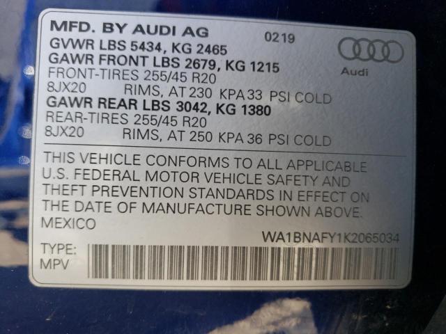 WA1BNAFY1K2065034 - 2019 AUDI Q5 PREMIUM PLUS BLUE photo 14