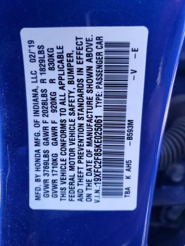 19XFC2F85KE025061 - 2019 HONDA CIVIC SPORT ლურჯი ფოტო 13