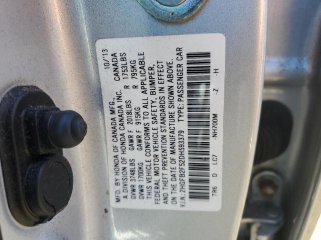 2HGFB2F52DH593379 - 2013 HONDA CIVIC LX SILVER photo 12