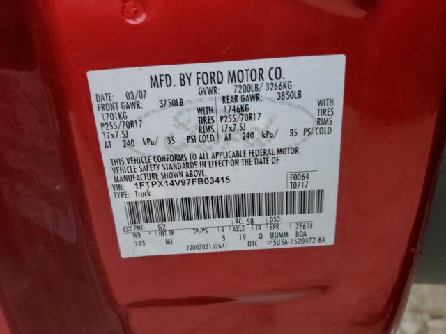 1FTPX14V97FB03415 - 2007 FORD F150 RED photo 12