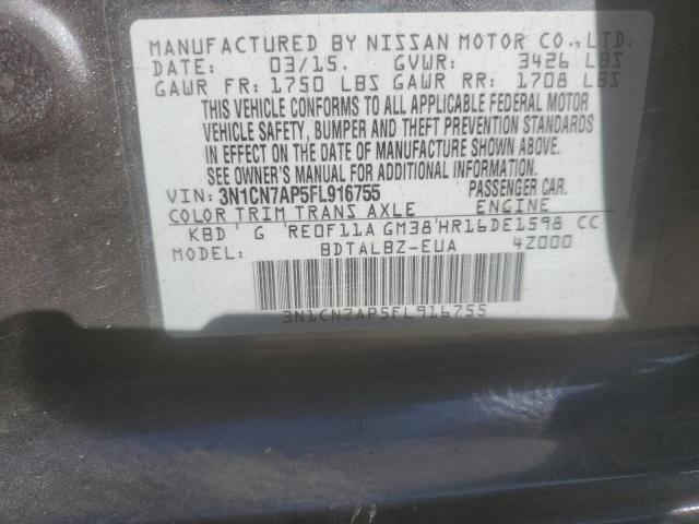 3N1CN7AP5FL916755 - 2015 NISSAN VERSA S CHARCOAL photo 12