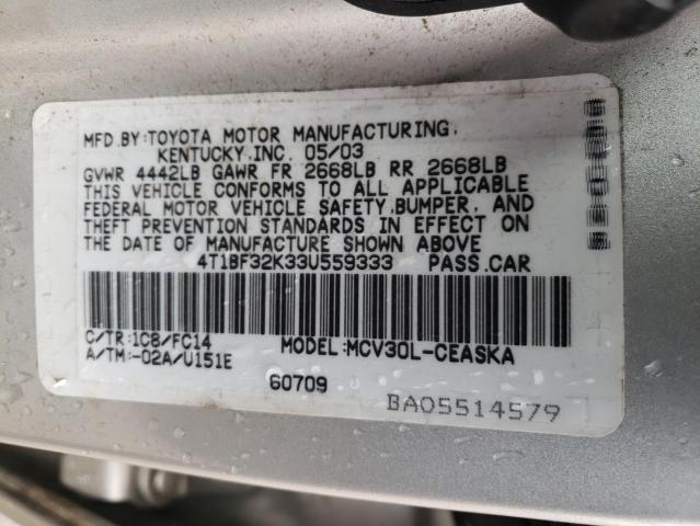 4T1BF32K33U559333 - 2003 TOYOTA CAMRY SILVER photo 12