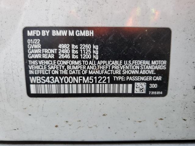 WBS43AY00NFM51221 - 2022 BMW M3 COMPETITION თეთრი ფოტო 12