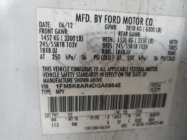 1FM5K8AR4DGA68645 - 2013 FORD EXPLORER POLICE INTERCEPTOR WHITE photo 12