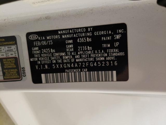 5XXGN4A72FG452316 - 2015 KIA OPTIMA EX WHITE photo 12