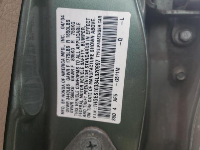 1HGES16334L020997 - 2004 HONDA CIVIC DX VP GREEN photo 13