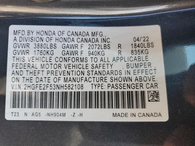 2HGFE2F53NH582108 - 2022 HONDA CIVIC SPORT 石墨色 照片 12