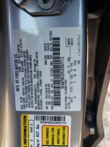 3FA6P0CD2LR207715 - 2020 FORD FUSION SEL GRAY photo 12