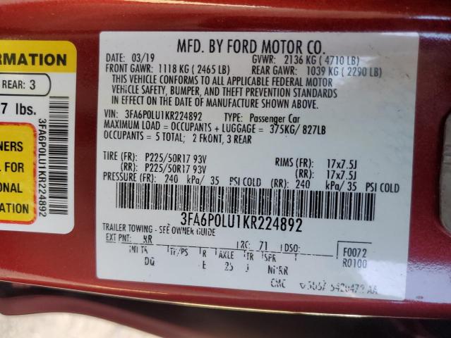 3FA6P0LU1KR224892 - 2019 FORD FUSION SE RED photo 12