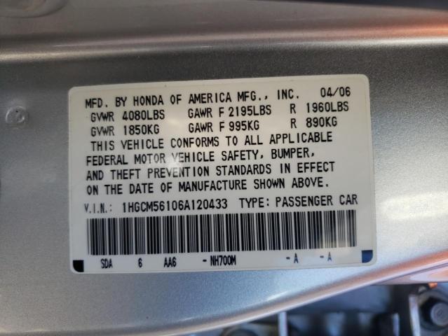 1HGCM56106A120433 - 2006 HONDA ACCORD VALUE SILVER photo 12