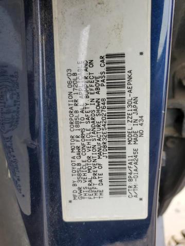 JTDBR32E542027648 - 2004 TOYOTA COROLLA CE BLUE photo 12